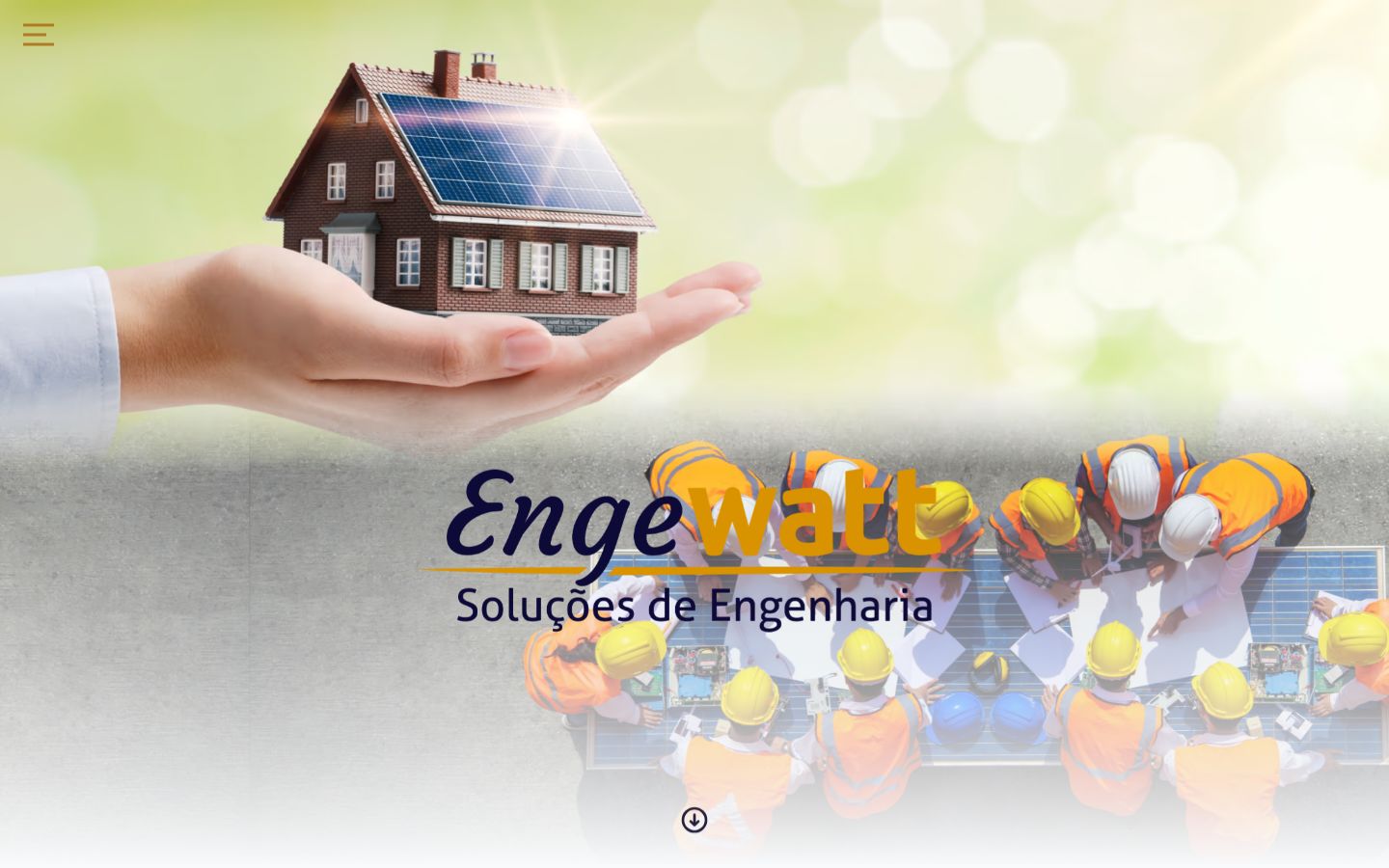 Página inicial do site da Engewatt em computador: o logótipo "Engewatt, Soluções de Engenharia" sobre uma imagem de uma mão a segurar uma casa com painéis solares e de técnicos de capacete à volta de uma mesa.